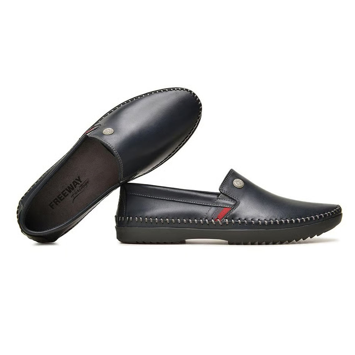 Mocassim masculino Free Way couro Marinho em vista lateral para ajuste e conforto